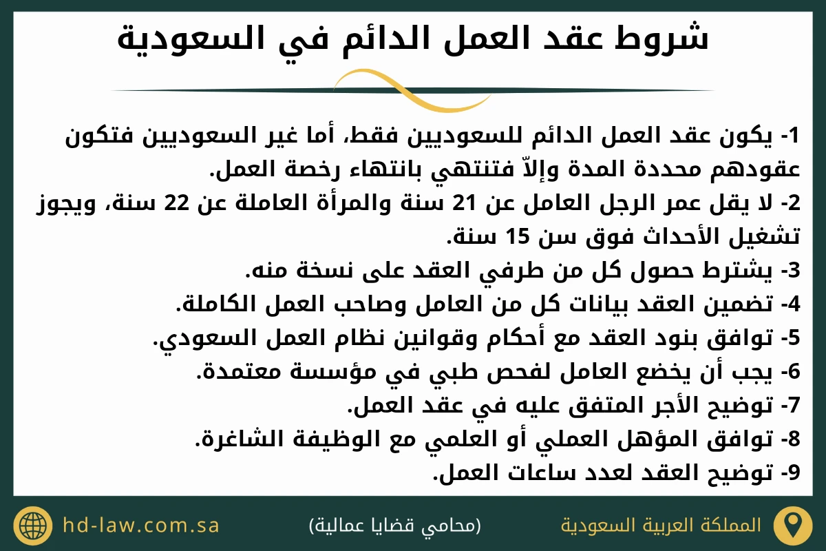 شروط عقد العمل الدائم في السعودية