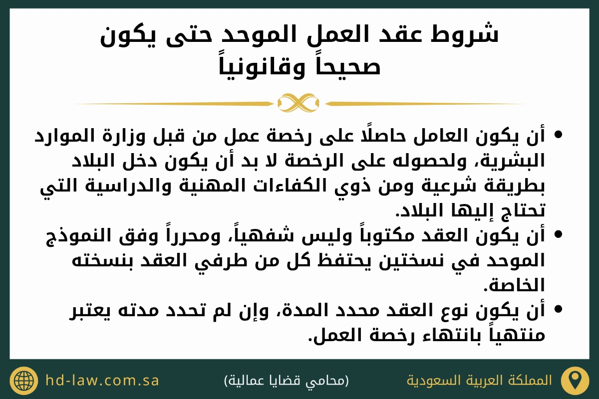 شروط عقد العمل الموحد حتى يكون صحيحاً وقانونياً