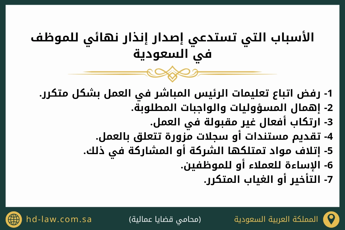 الأسباب التي تستدعي إصدار إنذار نهائي للموظف في السعودية (1)