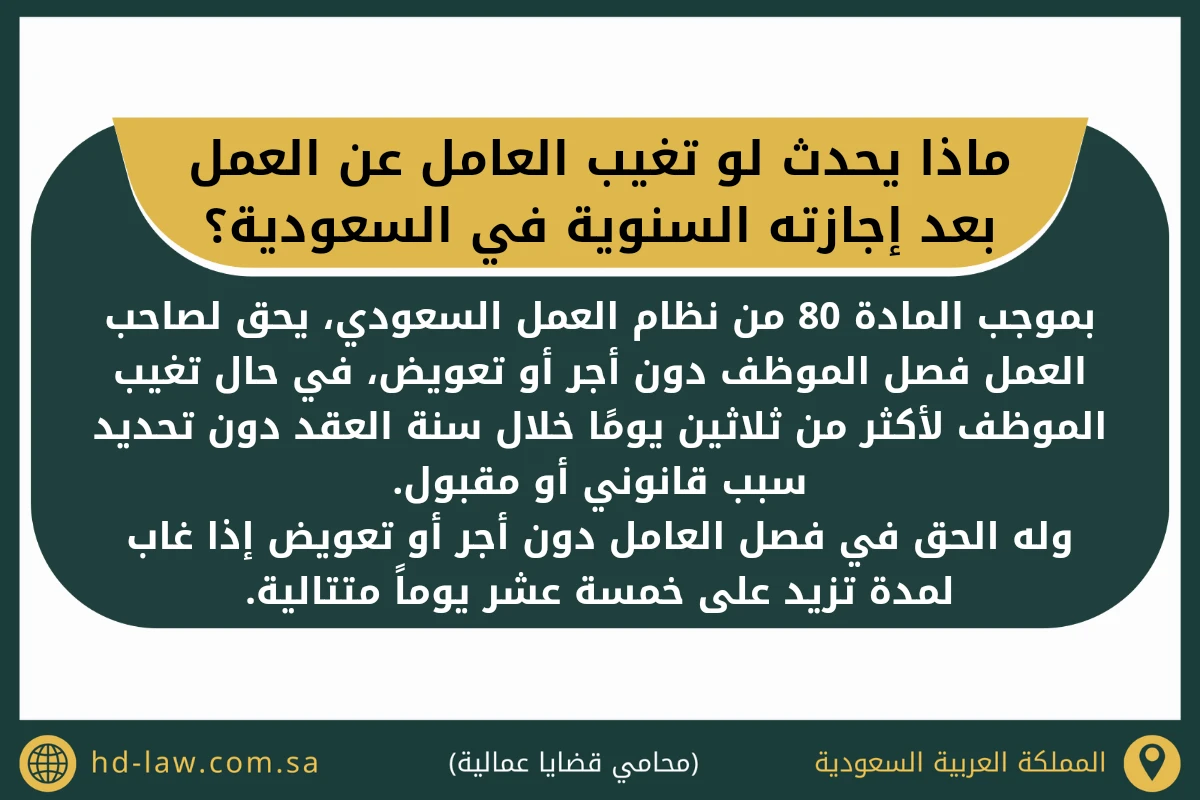ماذا يحدث لو تغيب العامل عن العمل بعد إجازته السنوية في السعودية