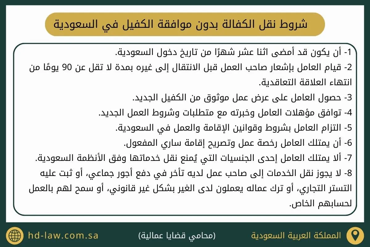 شروط نقل الكفالة بدون موافقة الكفيل في السعودية